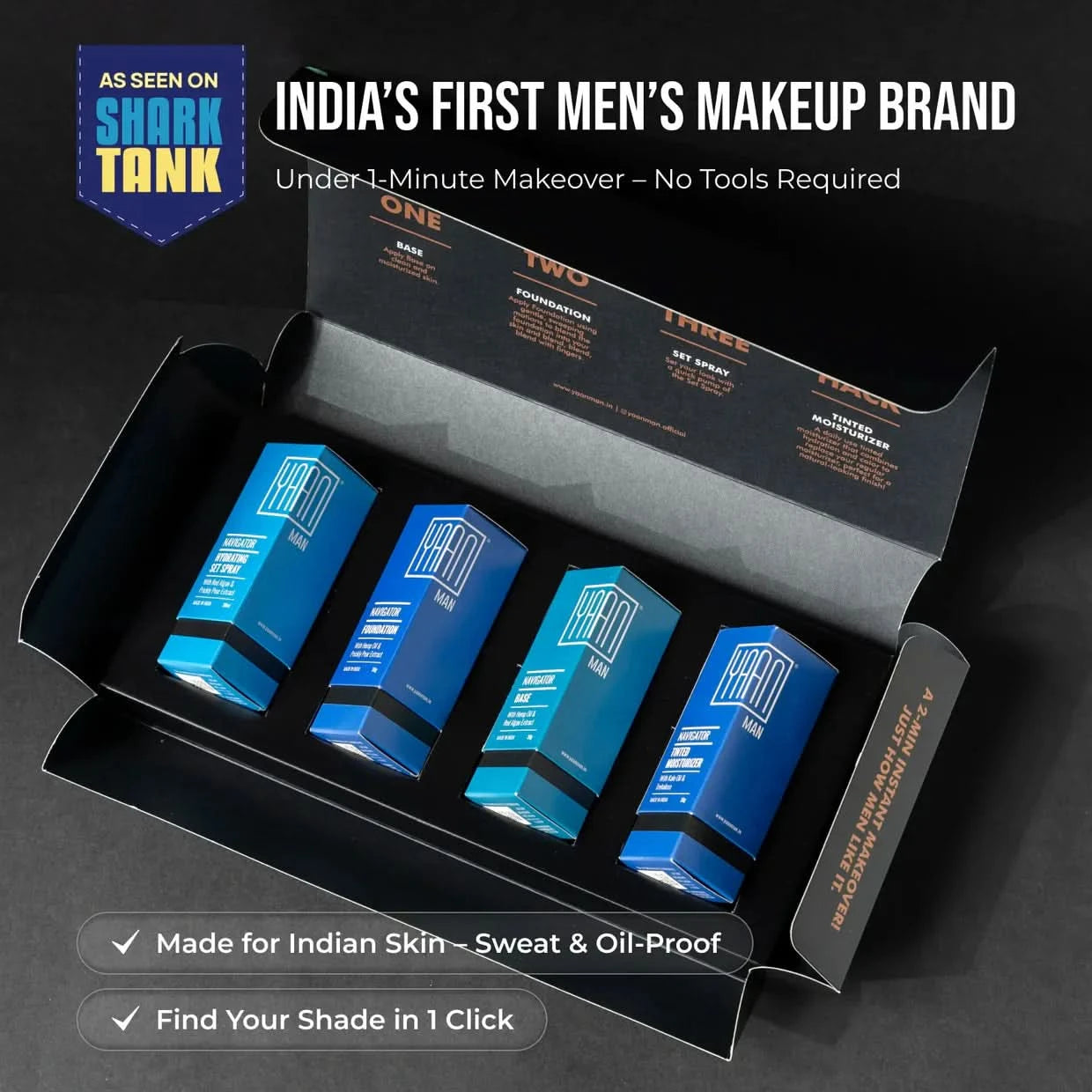 India’s first men’s makeup kit featuring sweat-proof, oil-controlling products in sleek blue packaging, designed for easy, tool-free use