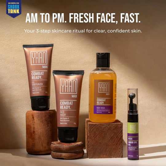 Skincare products for men on a wooden surface with 'Shark Tank' branding.