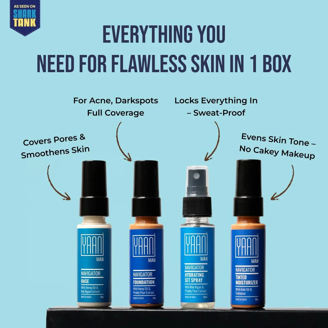 Set of skincare products with text highlighting features on a blue background