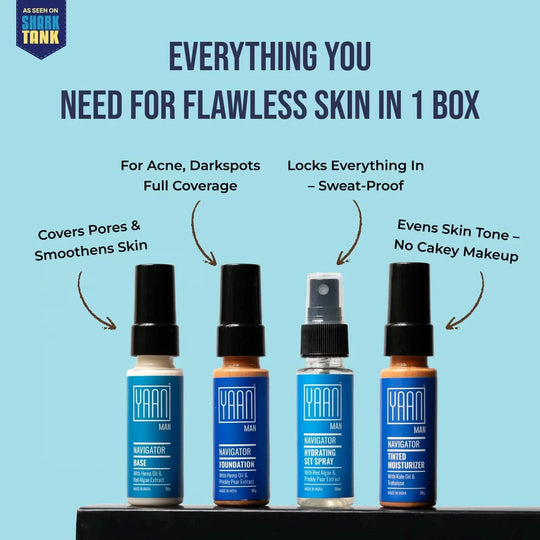 Set of skincare products with text highlighting features on a blue background