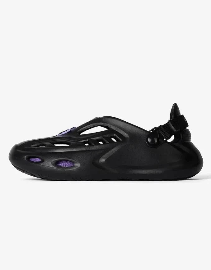 Black Panther themed Hydros sandal in black EVA with purple accents and adjustable strap