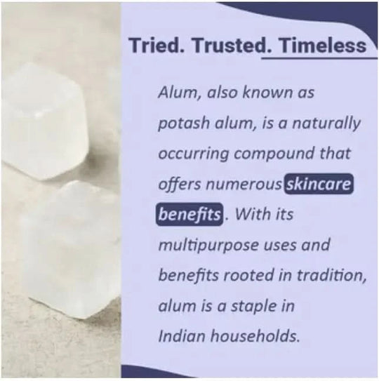 Alum crystals with text about skincare benefits on a light background