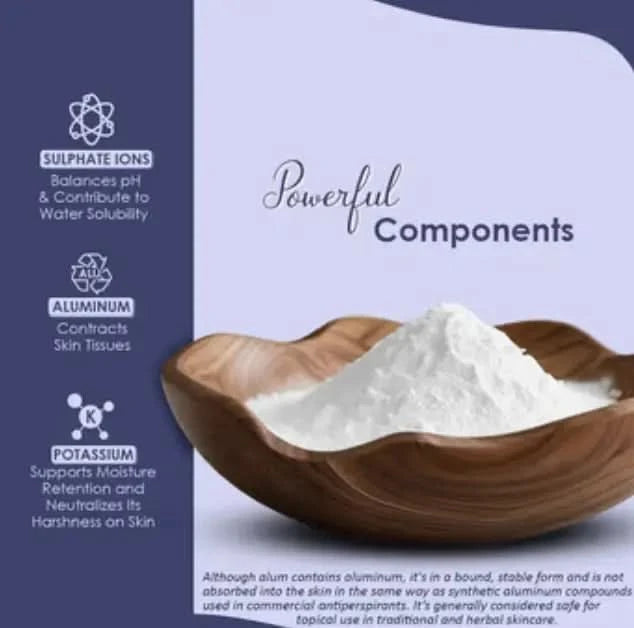 Wooden bowl with white powder and text about product components on a blue and white background