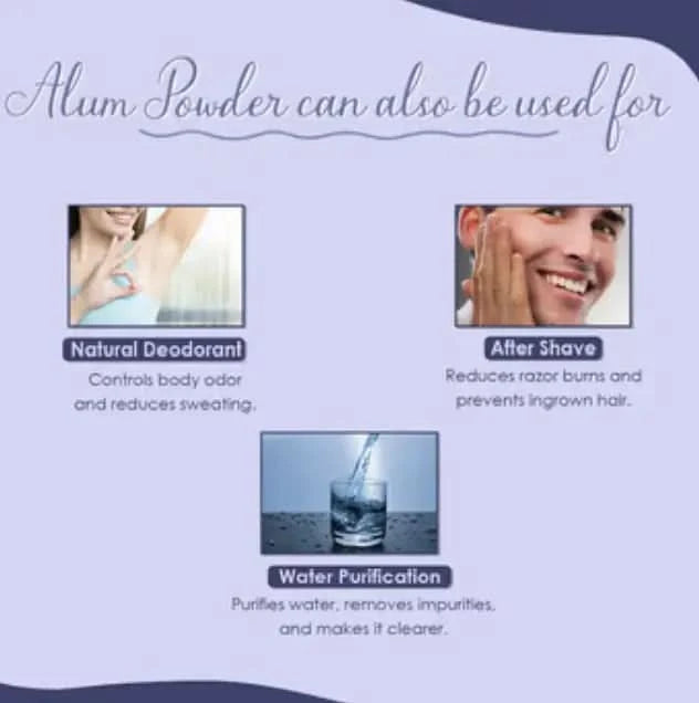 Uses of alum powder including natural deodorant, after shave, and water purification on a light blue background.