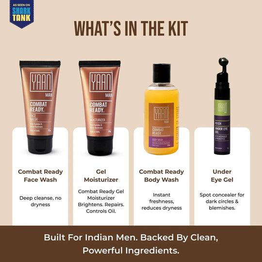 Product lineup of Yaam Man skincare and grooming products with 'Shark Tank' branding.