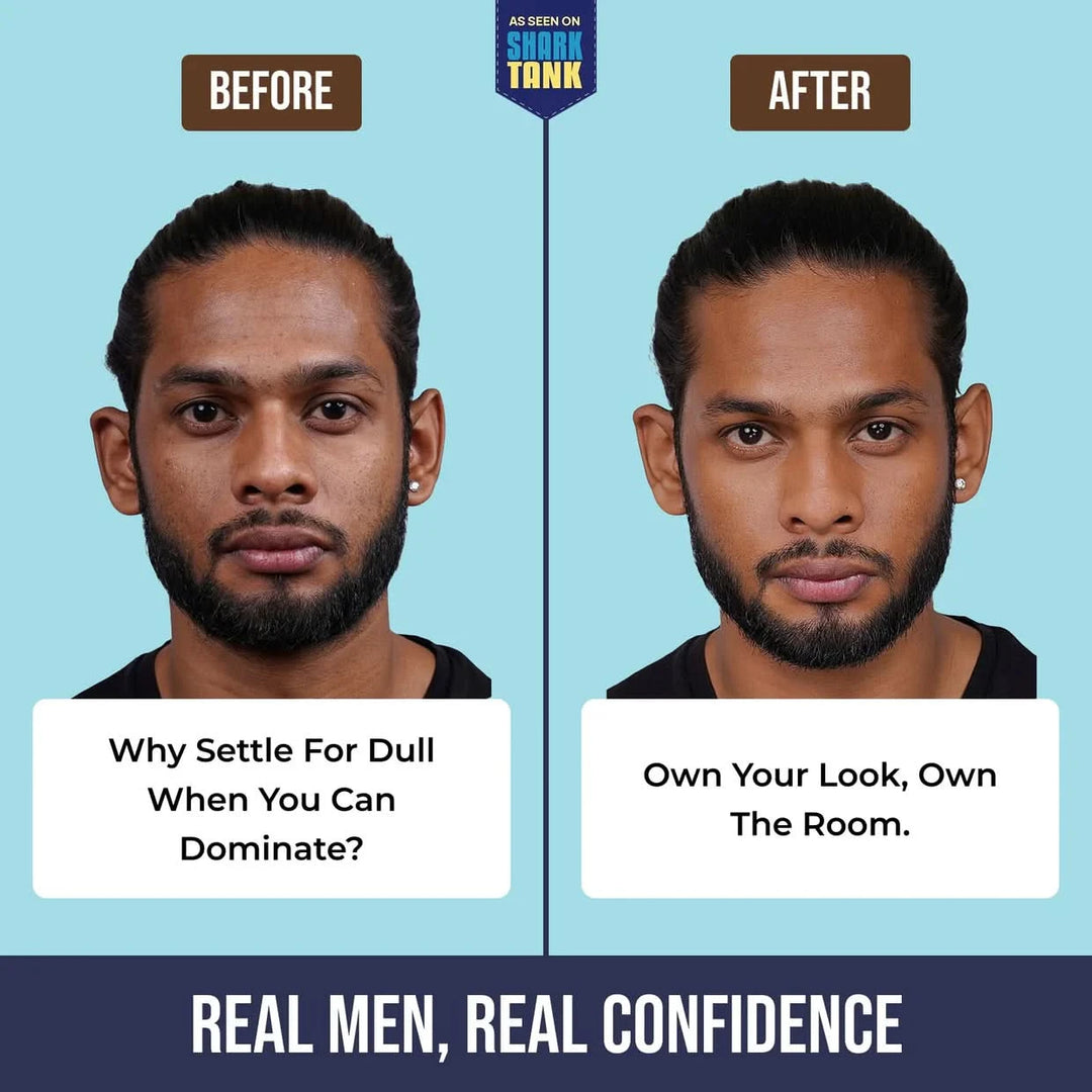 Before and after comparison of a man's appearance with motivational text on a blue background.