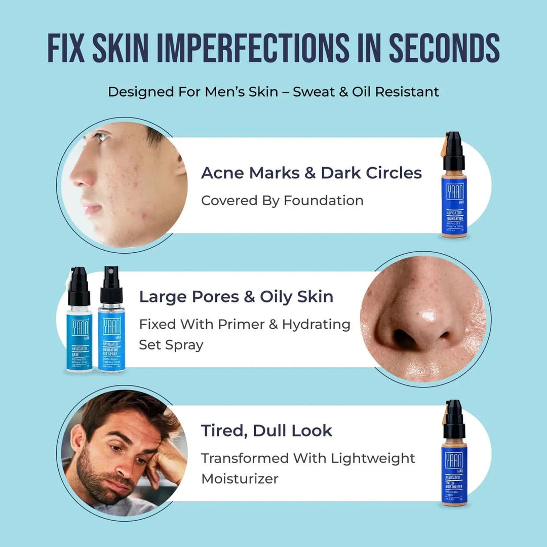 Product advertisement for men's skincare solutions on a blue background