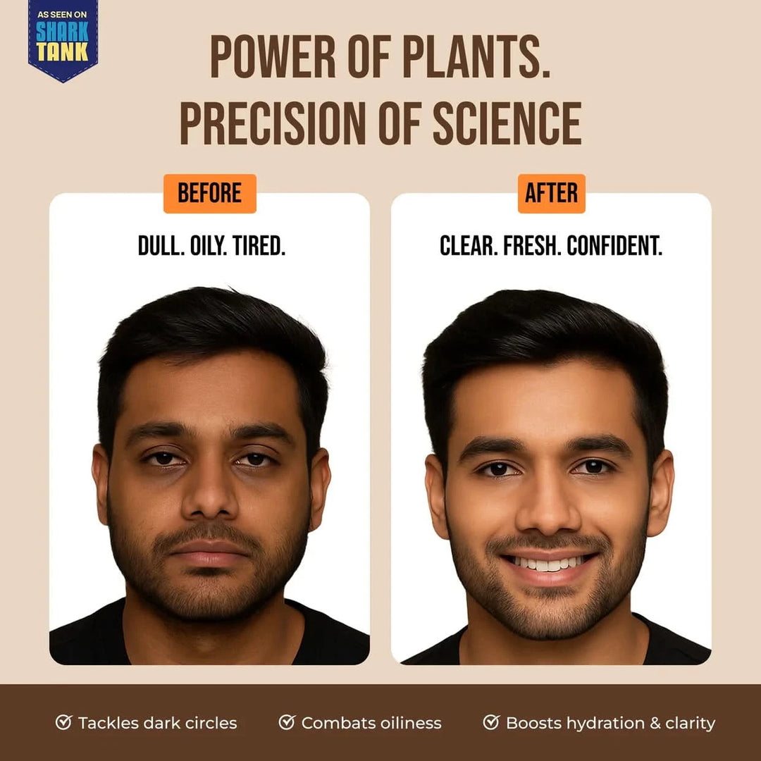 Before and after comparison of a person's face with text about the power of plants and precision of science.
