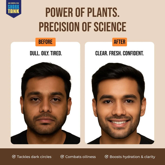 Before and after comparison of a person's face with text about the power of plants and precision of science.