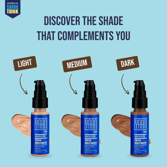 Three bottles of YAAN Navigator Tinted Moisturizer with color swatches on a blue background.