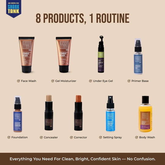 Set of skincare products with labels on a beige background, featuring 