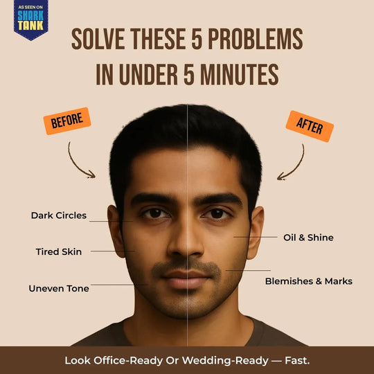 Before and after comparison of a man's face with text on a beige background, featuring Shark Tank branding.