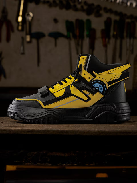 Transformers BumbleBee high top shoes with PU and silicone upper, EVA sole, cushioned insole, and breathable lining.