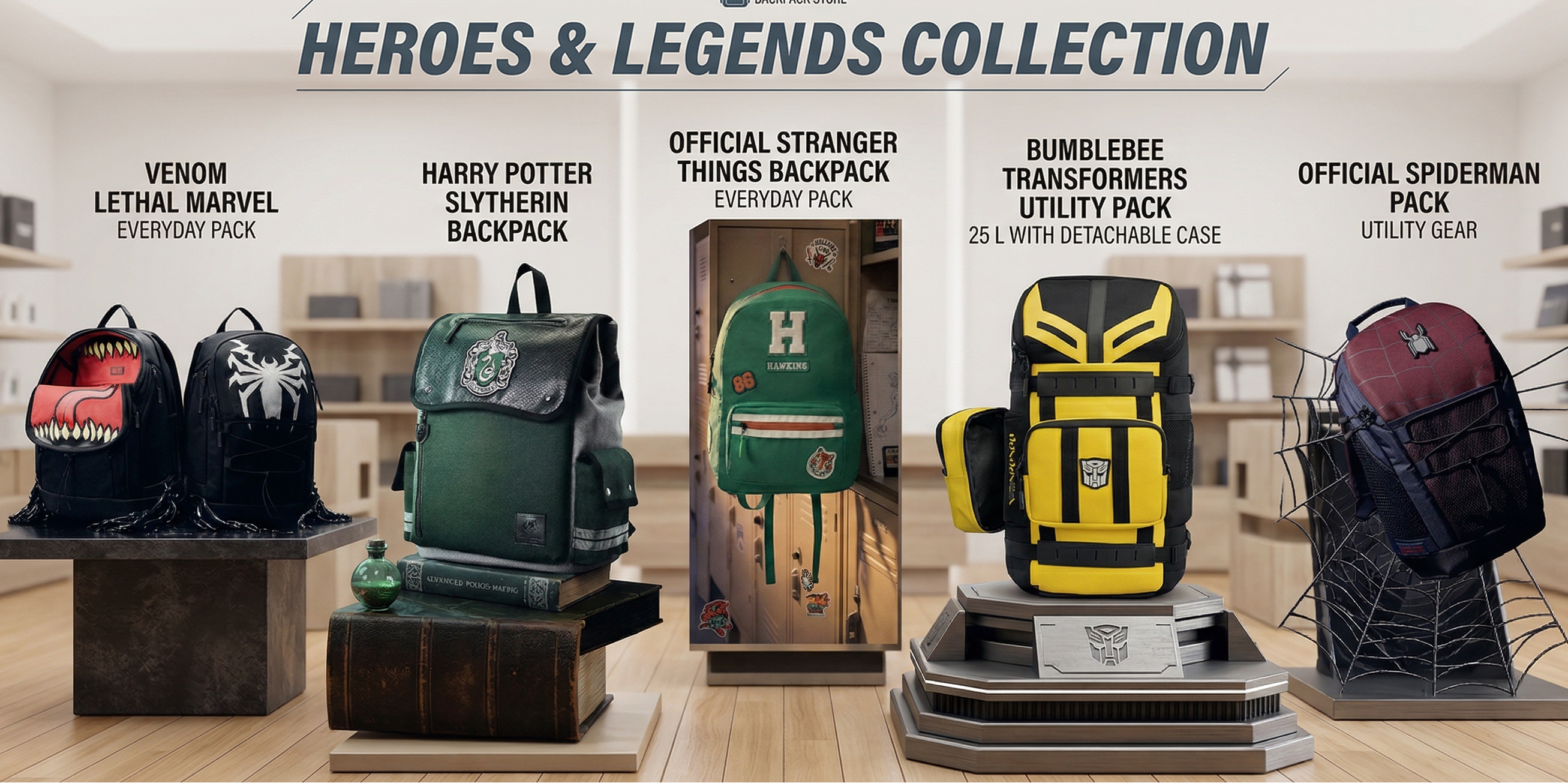 Promotional display of superhero-themed backpacks and utility packs with 'Heroes & Legends Collection' text.