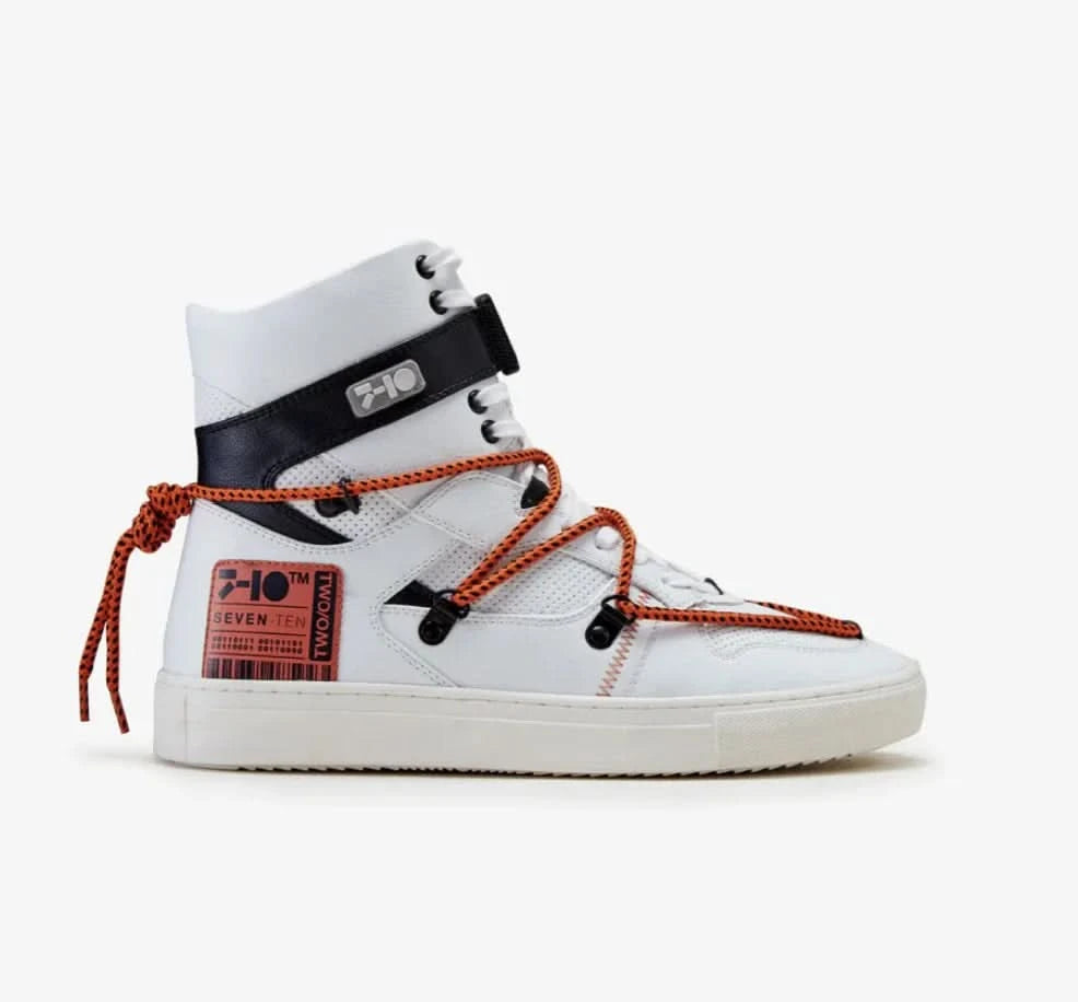 White orange graphic high-top sneaker with seven-ten branded laces and tech-wear inspired design