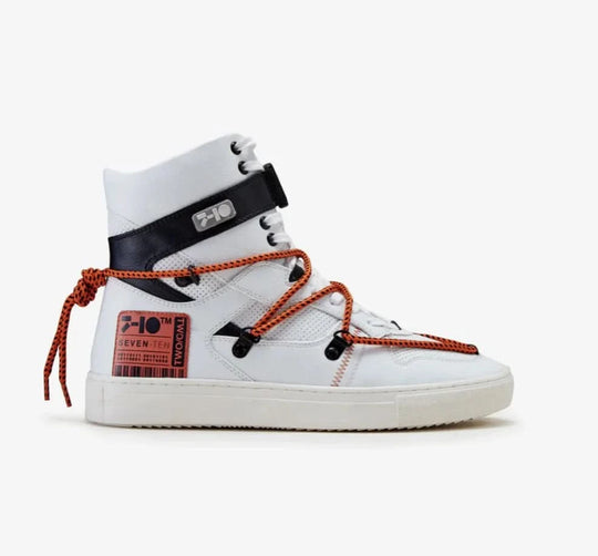 White orange graphic high-top sneaker with seven-ten branded laces and tech-wear inspired design