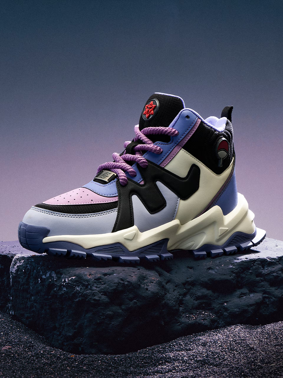 Naruto Shippuden Sasuke themed shoe with purple rope laces, Eternal Mangekyo Sharingan tongue, Uchiha clan symbol, and Leaf village metal lace tag