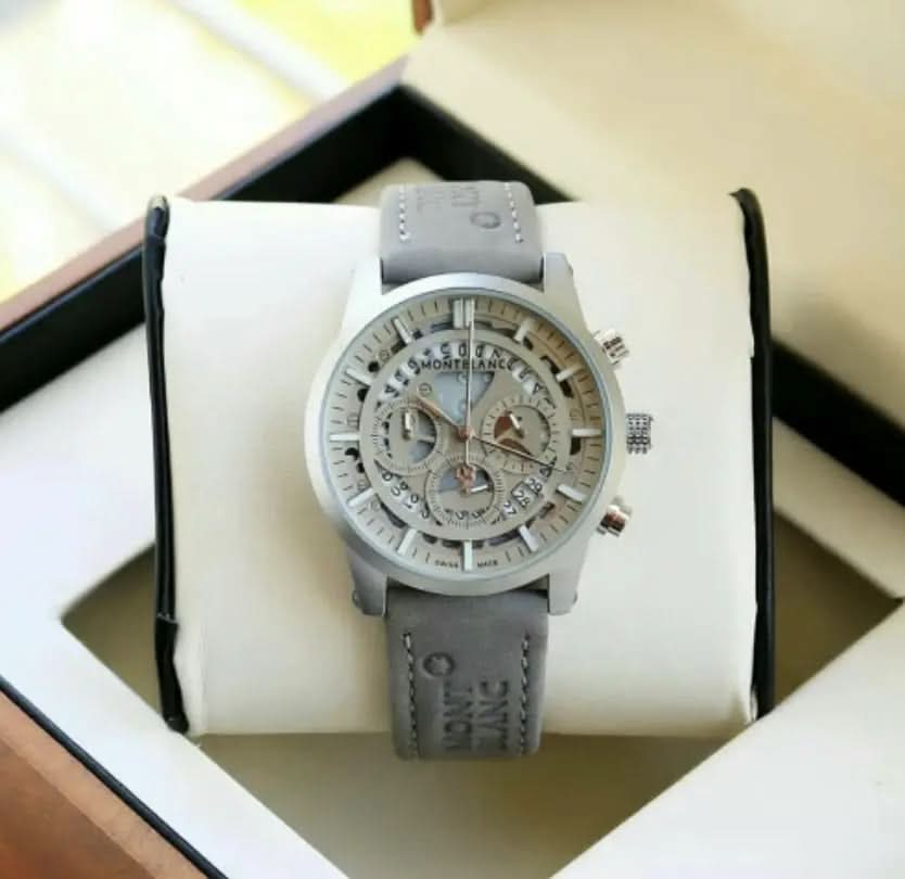 Mont Blanc grey chronograph M1122 watch with grey leather strap and 45mm dial in elegant design