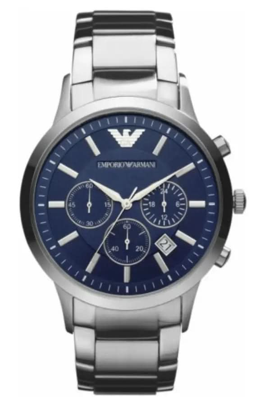 Emporio Armani AR2448 inspired stainless steel watch with blue dial and silver strap
