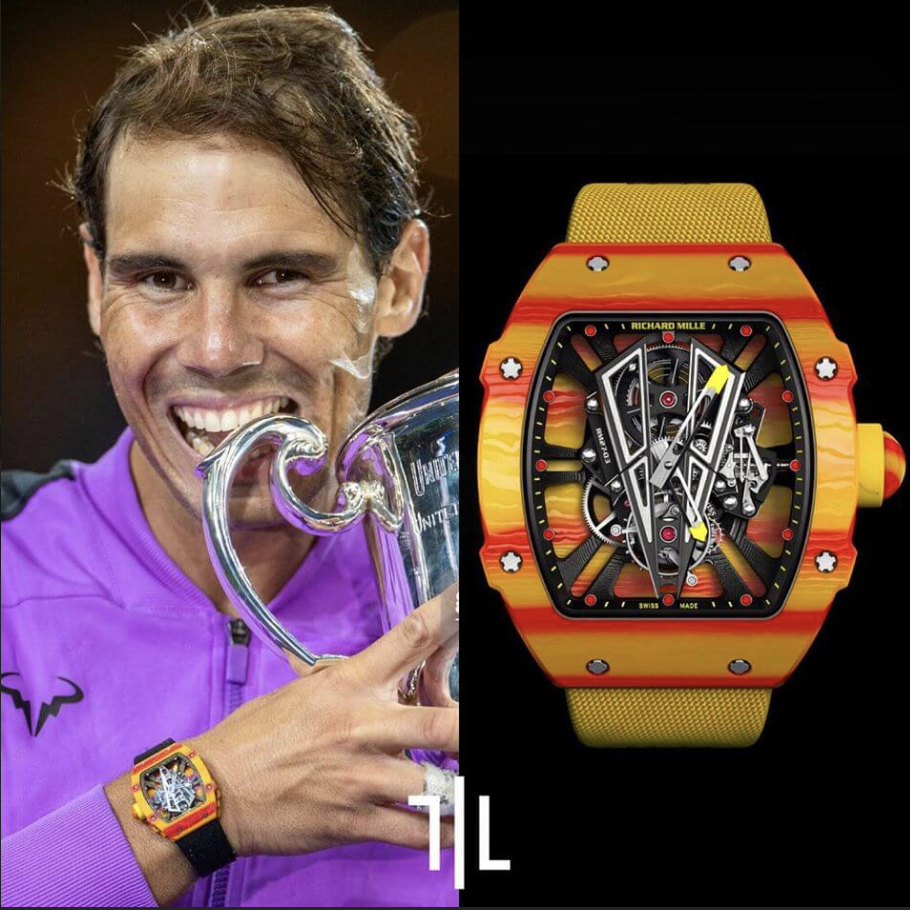 Richard Mille RM 27-03 orange and yellow luxury watch with skeleton dial on wrist and close-up display