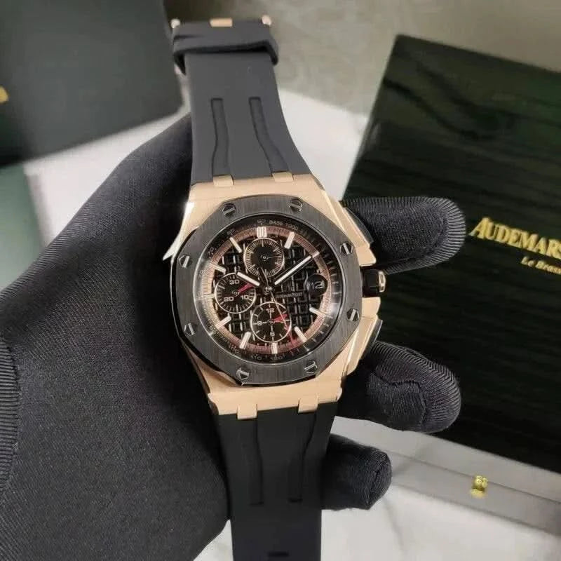 Audemars Piguet Offshore inspired men's watch with rose gold stainless steel case, black Méga Tapisserie dial, chronograph, date indicator, and black silicone strap