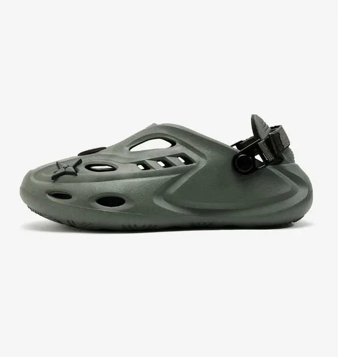 Hydros Kakashi lightweight green EVA clogs with adjustable strap and silicone charm detailing